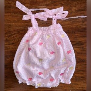Charming Pink Seersucker Baby Sunsuit, Bubble with Animal Design, Zoo